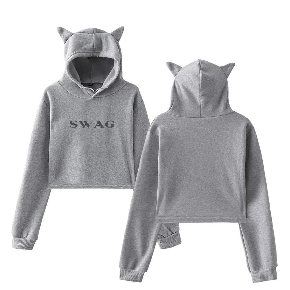 Sweatshirt with "SWAG" text and cat ears hoodie, casual streetwear for fans of Justin Bieber, stylish and comfortable swag merch, perfect for everyday wear and making a bold fashion statement.