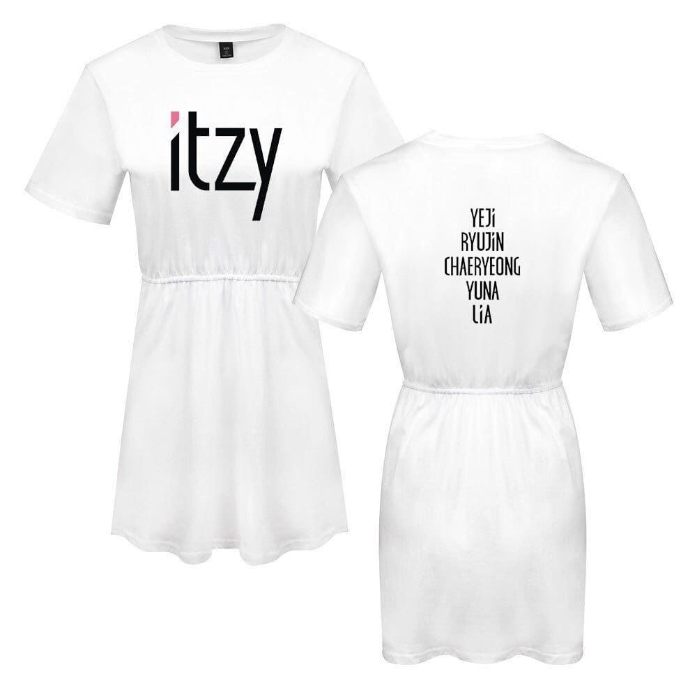 Itzy white dress with bold black and pink lettering and back text featuring members' names.
