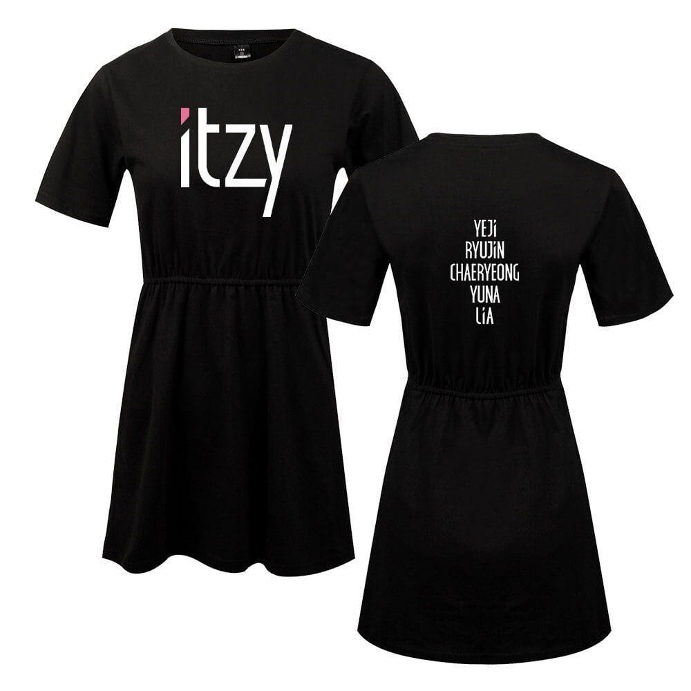 Itzy swag merch dress with logo and member names on the back.