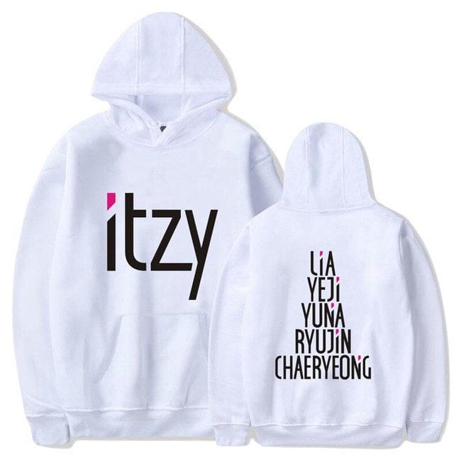 Itzy swag hoodie with bold logo and colorful text design for fans of K-pop style.