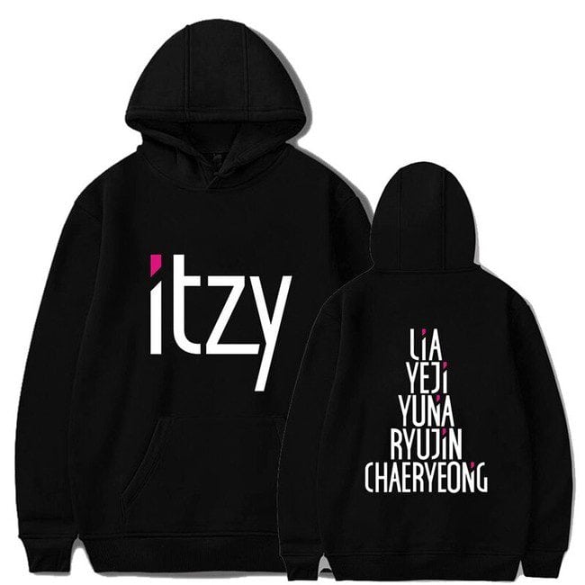 Itzy swag merch hoodie featuring the group's logo and member names in bold fonts, perfect for K-pop fans.