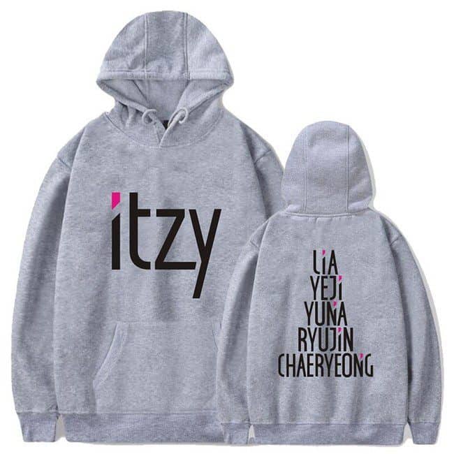 Comfortable grey hoodie featuring a bold "itzy" logo on the front and a list of popular K-pop idols on the back, perfect for fans of Justin Bieber swag merch.