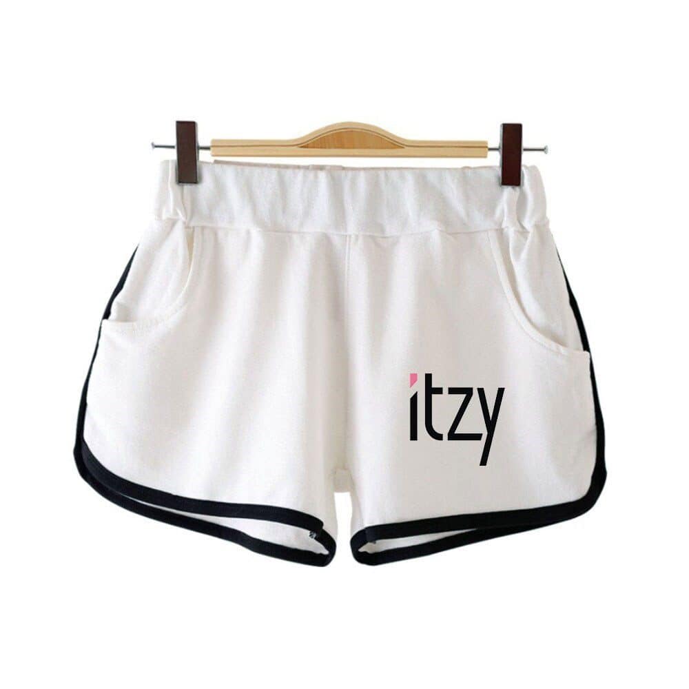 Itzy branded sporty white shorts with black trim and logo print, stylish and comfortable for casual wear or sports. perfect for fans of Justin Bieber swag merch and trendy athletic apparel.