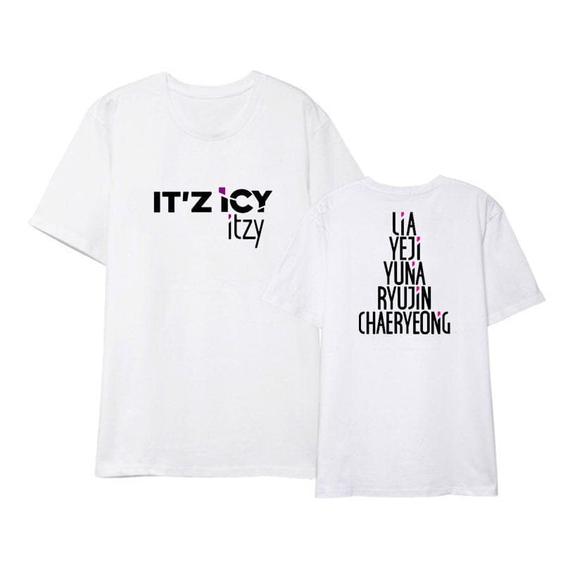 Itz icy itzy swag merch t-shirt featuring member names in stylish black and pink text on a white background, perfect for K-pop fans and Justin Bieber swag enthusiasts.