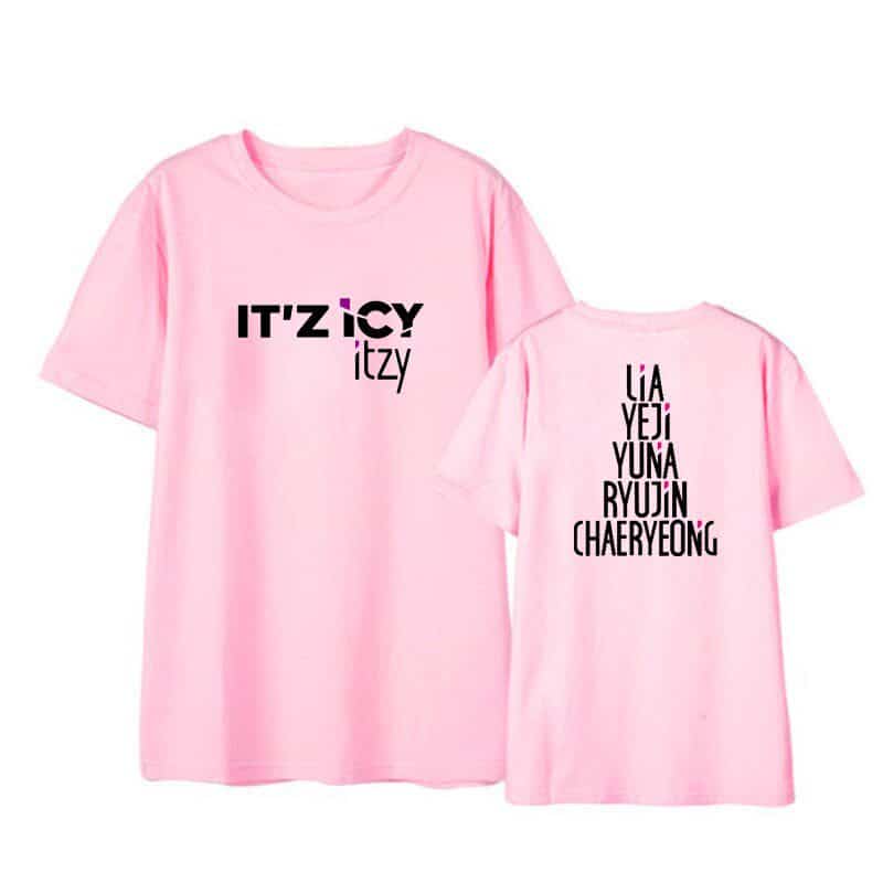 IT'Z Icy Itzy merch pink t-shirt with bold black and purple text design.