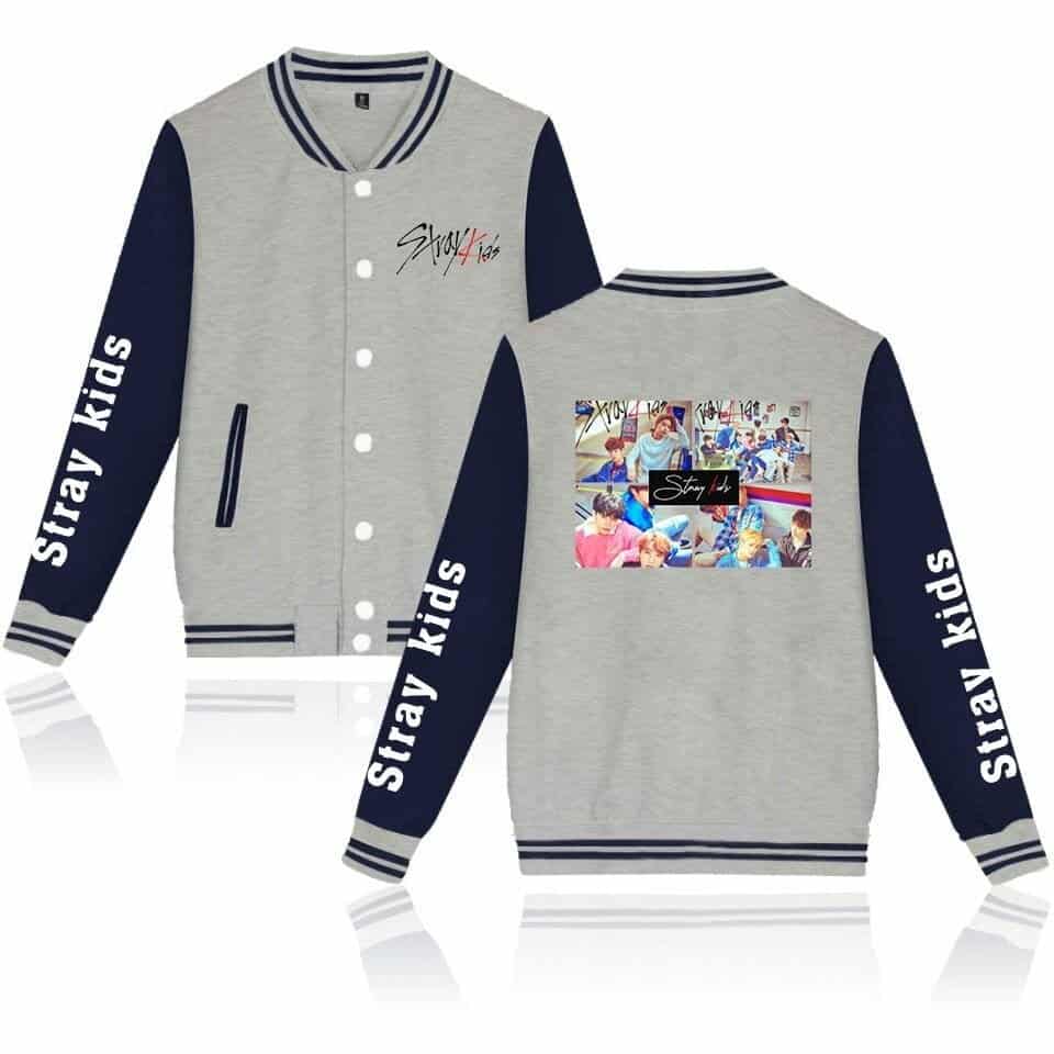 Stay Kids varsity jacket featuring Justin Bieber swag merchandise with colorful photo collage on back and sporty design elements. Perfect for fans of Justin Bieber's fashion and music style.