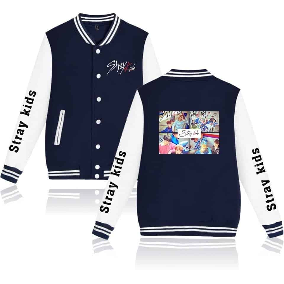 Justin Bieber swag kid varsity jacket with colorful graphic on the back and bold "Stay4Kids" lettering on sleeves. Perfect for fans of Justin Bieber's trendy streetwear style.