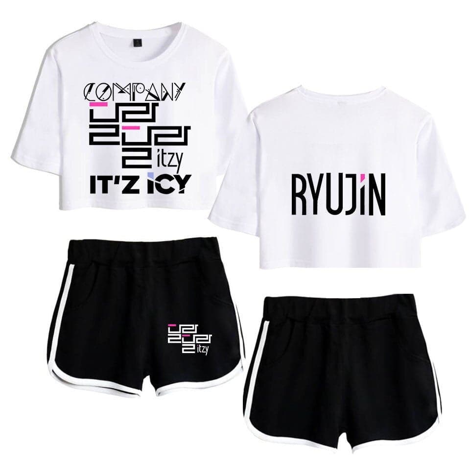 Company Itzy swag merchandise set featuring crop tops and shorts with bold graphic and text designs inspired by Justin Bieber style. Perfect for fans looking to showcase trendy, fashionable apparel.