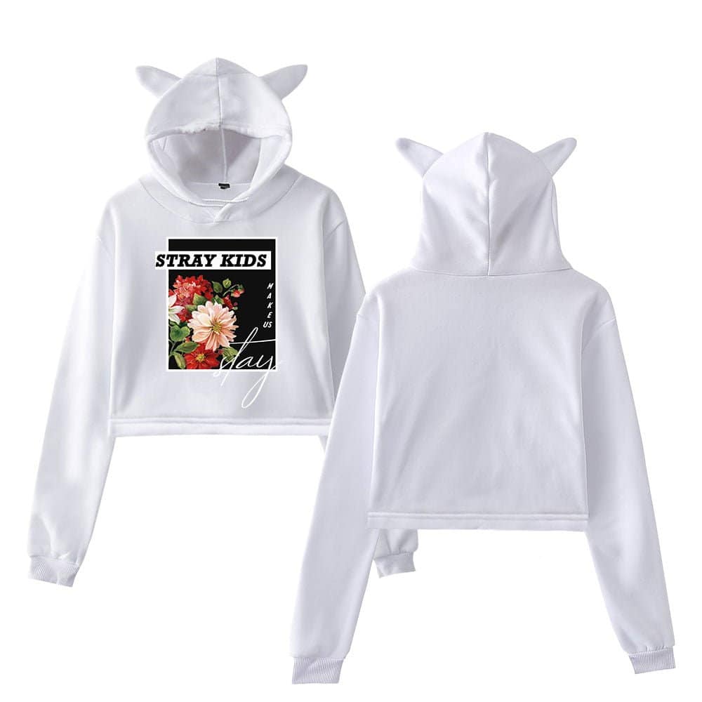 Fluffy white hoodie and sweatpants set with animal ear hood, featuring a floral graphic and "Stray Kids" text, perfect for trendy swag merchandise.