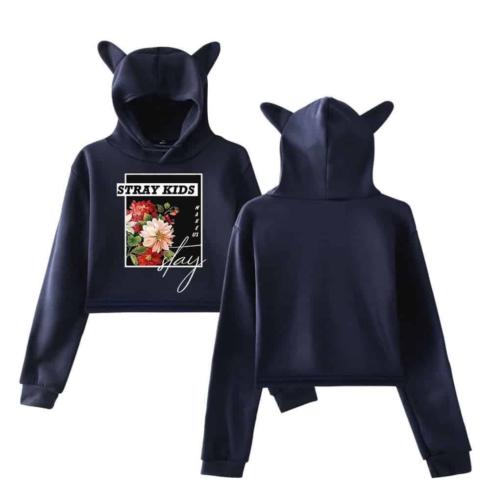 Black hoodie with cat ears and floral graphic print, inspired by Justin Bieber swag merch. Perfect for casual streetwear and fan-loving style statements.