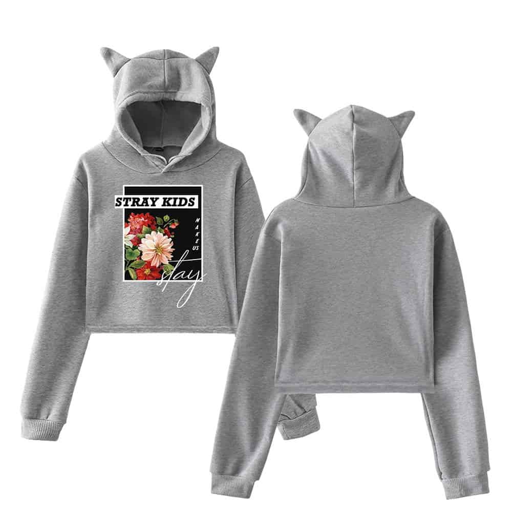 Gray cropped hoodie set with cat ears on the hood, featuring a floral and text graphic design that says "Stray Kids Make Us Stay" for trendy swag merch.