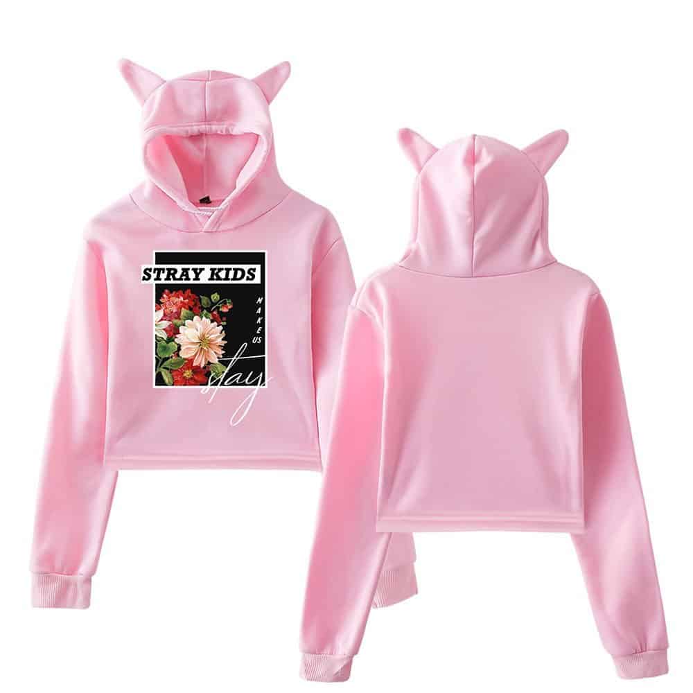Fluffy pink hoodie and sweatpants set with whimsical cat ears, featuring a graphic design and the phrase "Stray Kids Make Us Day" for trendy, casual streetwear style.