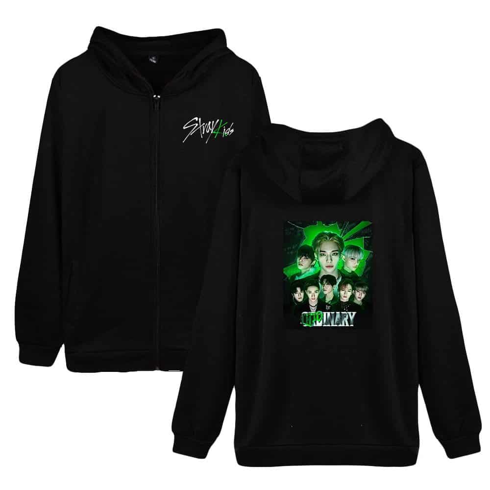 Justin Bieber swag merch black hoodies with graphics featuring K-pop group Stray Kids and digital neon designs.