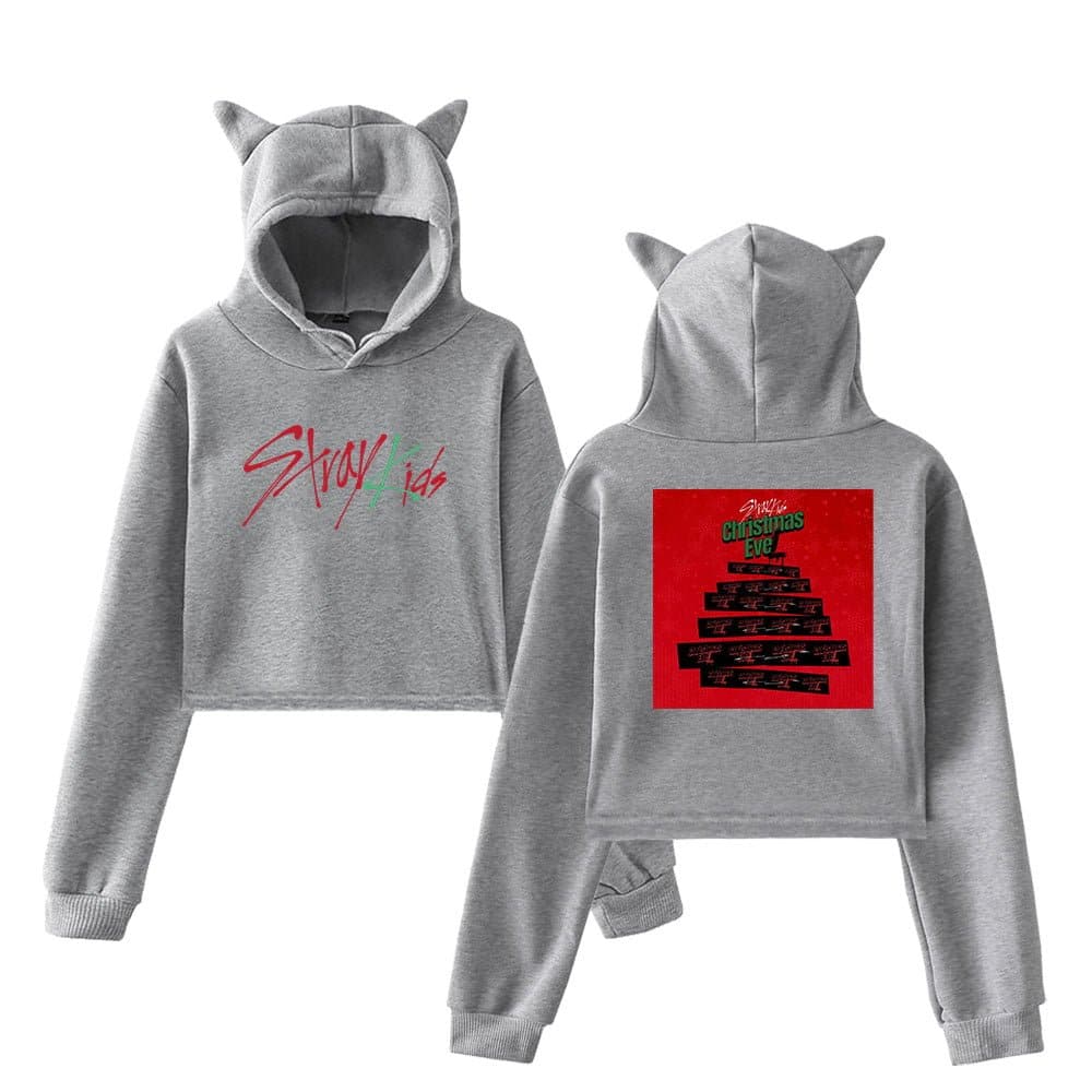 Comfy grey hoodie set with "Stray Kids" logo, featuring playful cat ear hood design perfect for fans of Justin Bieber swag merchandise, combining street style with cozy comfort.