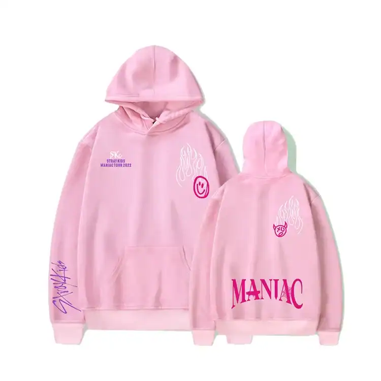 Pink Justin Bieber swag hoodie with smiley face and flame designs, featuring "MANIAC" text on the back. Perfect merchandise for Justin Bieber fans and streetwear enthusiasts.