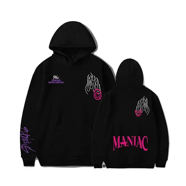Black Justin Bieber swag hoodie with pink flame and smiley graphics, featuring "MANIAC" text and tour details, perfect for fans of Justin Bieber's merchandise and streetwear fashion.