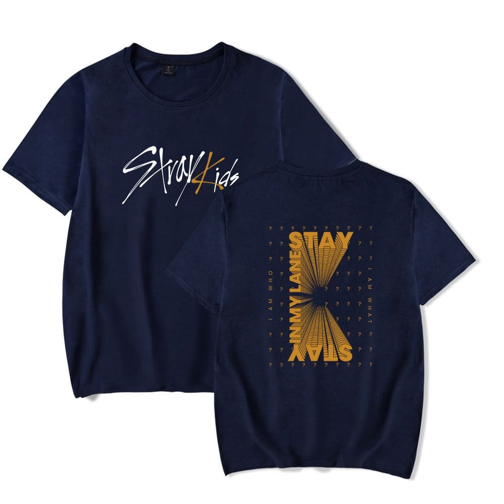 Stray Kids swag merchandise t-shirts with bold logo and stylish design, perfect for fans to showcase their support for the K-pop group.