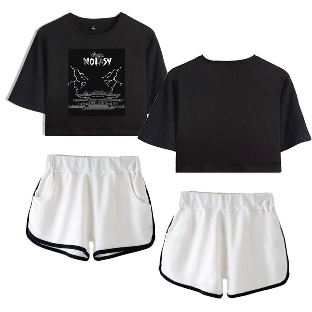 Black graphic cropped sweatshirt with "Swag Not Easy" design and lightning print, paired with white sporty shorts with black trim. Trendy Justin Bieber-inspired swag merch outfit.