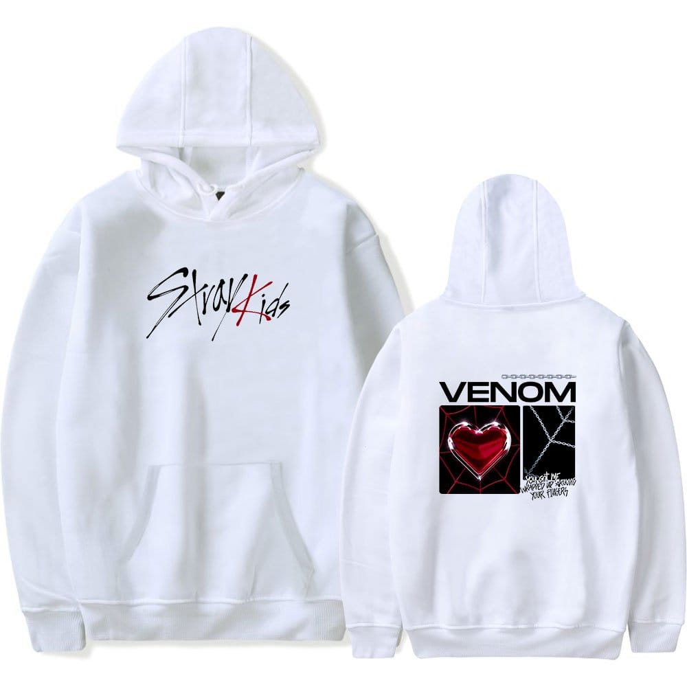 Stray Kids white hoodie featuring bold black and red text, perfect for K-pop fans and streetwear enthusiasts.