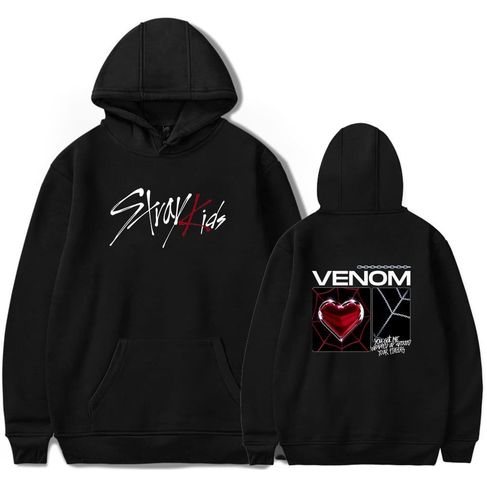 Black hoodie featuring "Swag Kids" printed on the front and VENOM graphic design with a neon heart on the back, perfect for Justin Bieber swag merch fans.