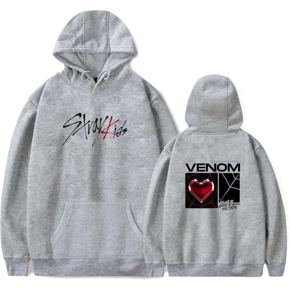 Gray hoodie with Justin Bieber swag and venom inspired graphics for trendy streetwear style.