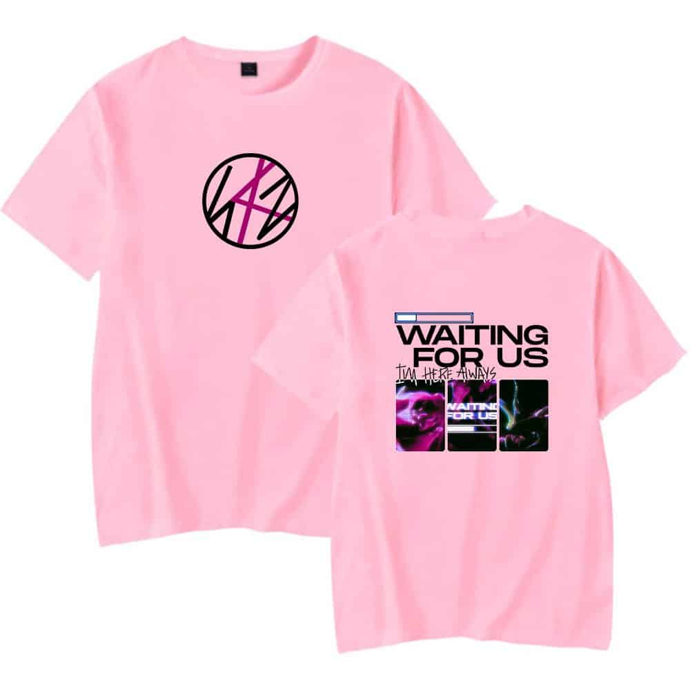 Black and purple Justin Bieber-inspired swag graphic t-shirt with "Waiting for Us" printed design. Perfect for fans of Justin Bieber's trendy merchandise and streetwear style.