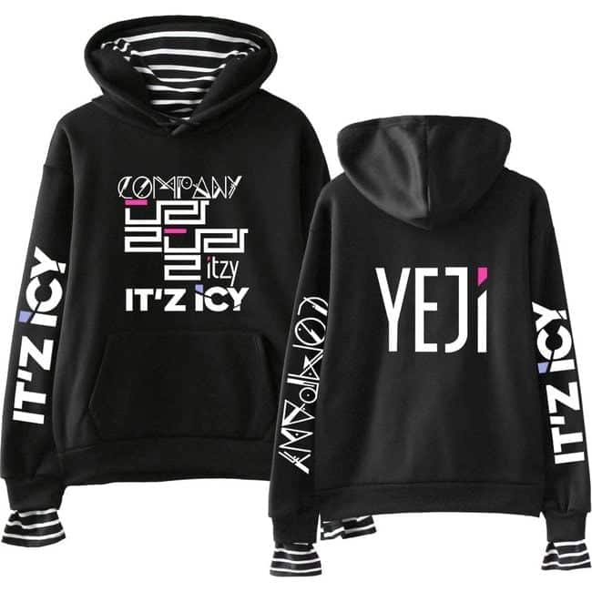 Black Justin Bieber swag hoodie featuring bold "Yeti" and "It'z Icy" graphics, with stylish striped cuffs and a hood lining. Perfect for fans wanting to showcase their trendy and icy streetwear style.