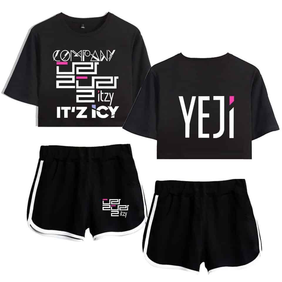 Black Justin Bieber swag merch T-shirt with bold white and pink graphic designs. Includes coordinating black shorts with white trim, perfect for casual or sporty looks.