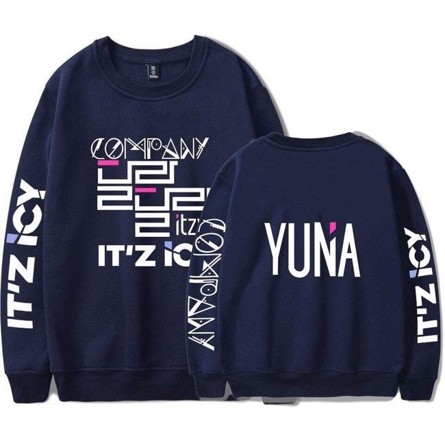 Labeled sweatshirt with "YUNA" on the back and "ITZ" designs on the front and sleeve, inspired by Justin Bieber swag merch.