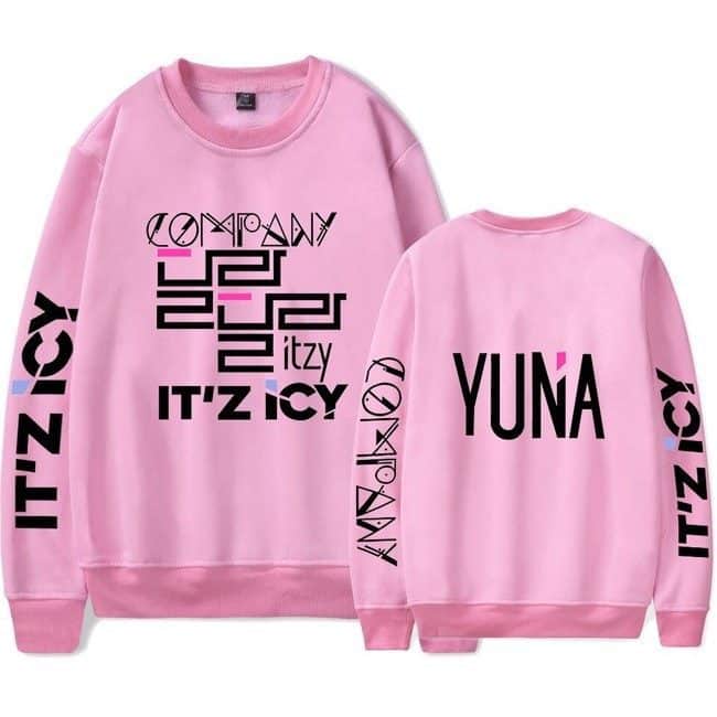 Loungewear sweatshirt featuring bold black and pink text, inspired by Justin Bieber swag merch, with the word "YUNA" on the back and modern graphic design elements.