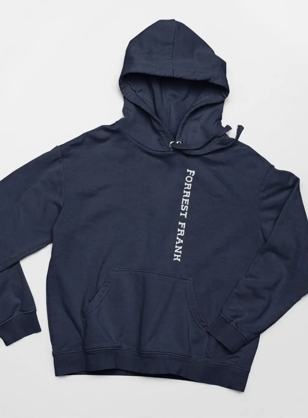 Comfortable navy hoodie with "FORSST FRANH" text in white down the center, featuring a front pocket and adjustable drawstrings, ideal for casual Justin Bieber swag merchandise styling.
