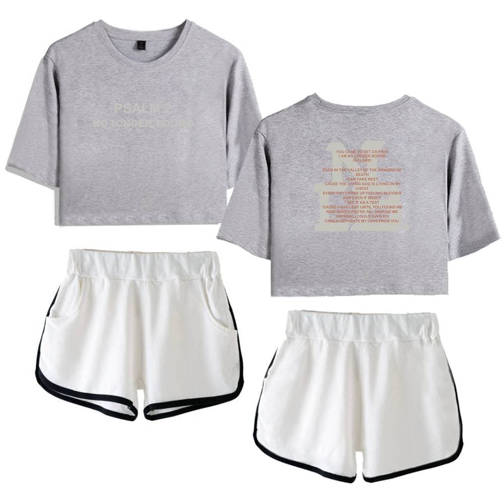 Justin Bieber swag merch hoodie and shorts set in gray and white, featuring bold graphic designs and inspirational lyrics, perfect for casual streetwear style.