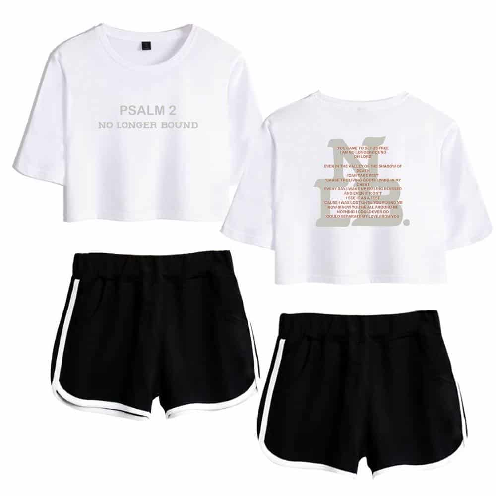 Justin Bieber swag merch featuring stylish white graphic t-shirts and sporty black shorts with white piping, perfect for a casual, trendy look.