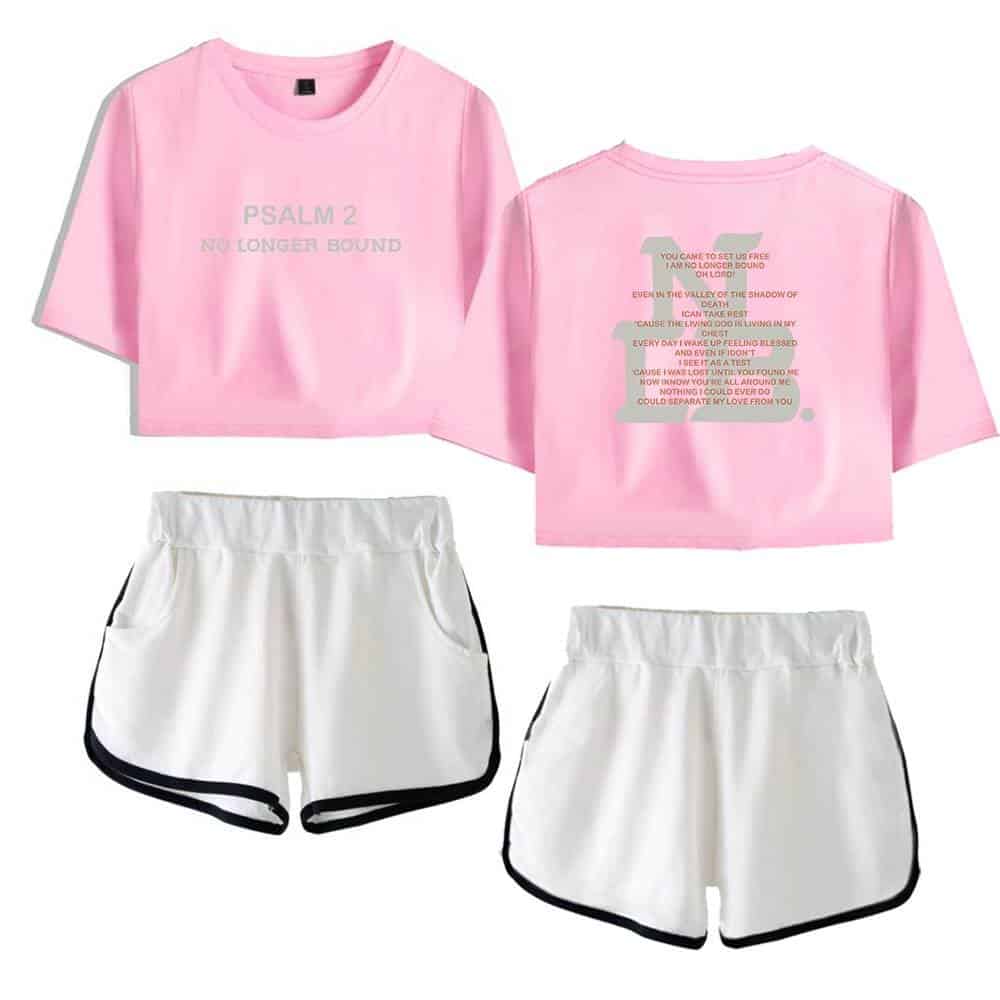 Pink Justin Bieber swag merchandise featuring Psalm 2 text sweatshirt and white shorts with black trim.