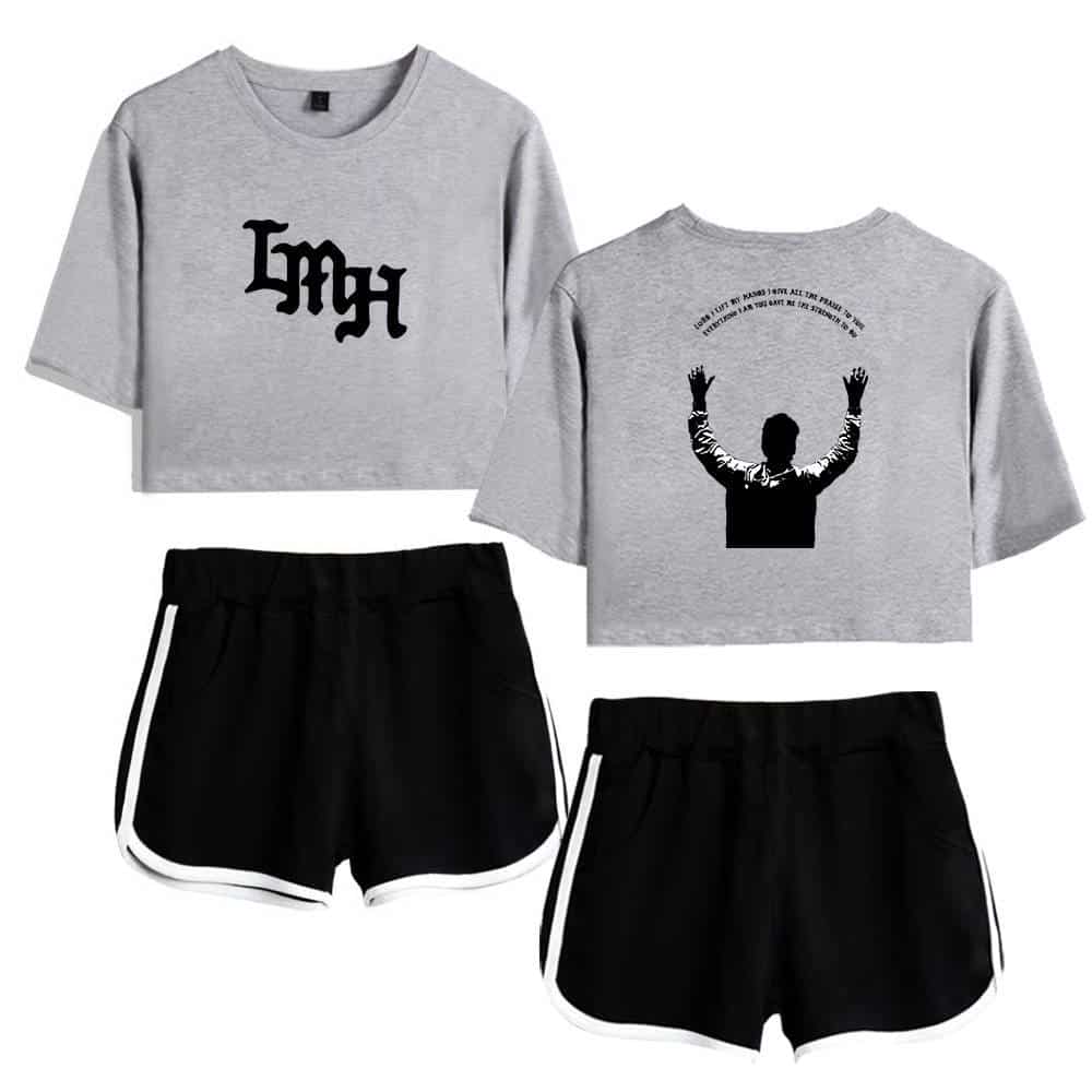 Grey cropped sweatshirt with "lyh" text and black and white graphic print, paired with black athletic shorts with white trim, stylish casual wear inspired by Justin Bieber swag merchandise, perfect for streetwear fashion.