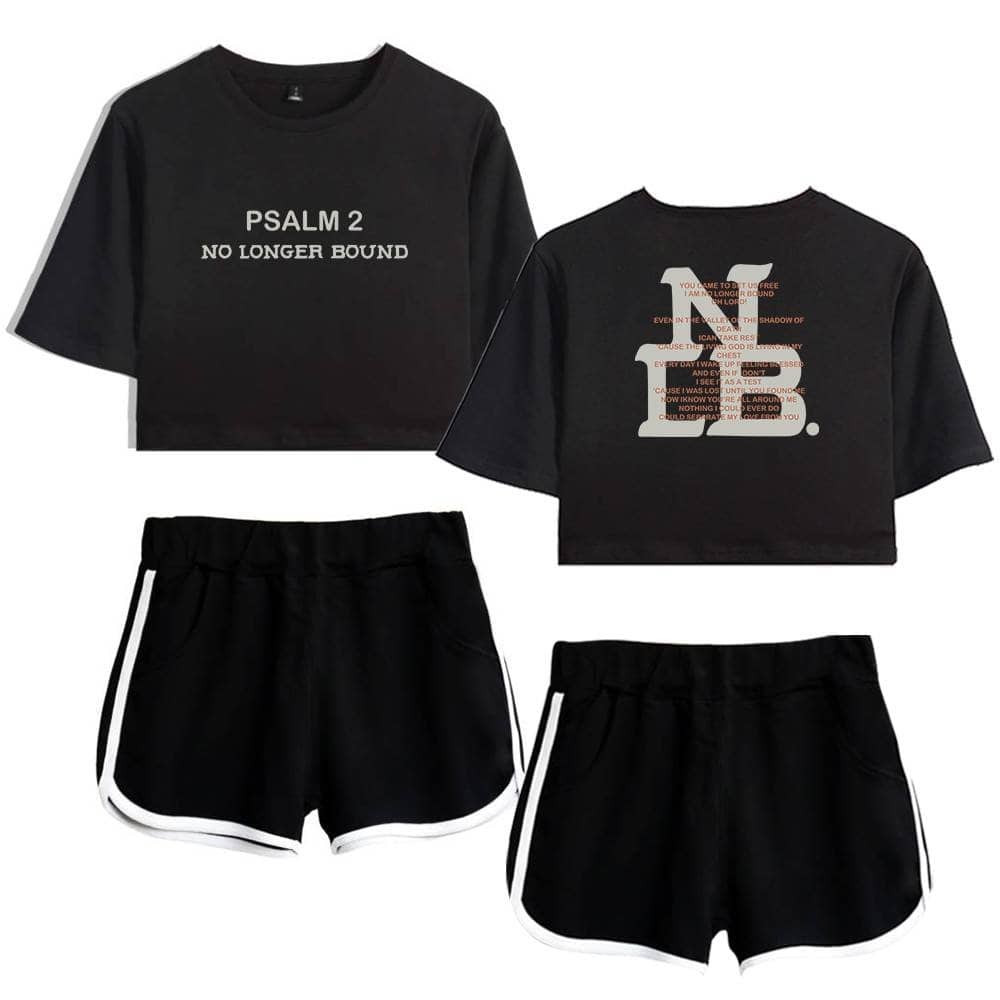 PSALM 2 NO LONGER BOUND t-shirt and black athletic shorts set, Justin Bieber swag merch casual streetwear style.