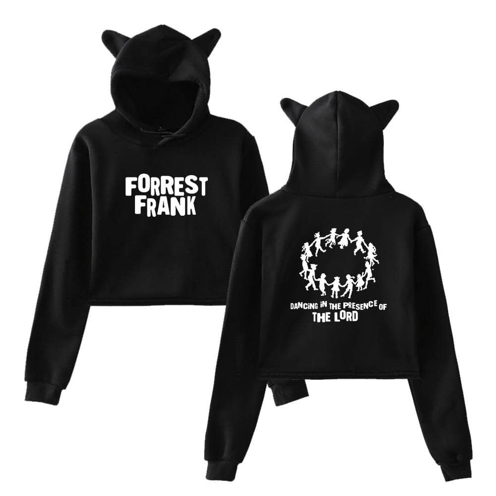 Forrest Frank black hoodie with cat ear hood design and bold white text graphics.