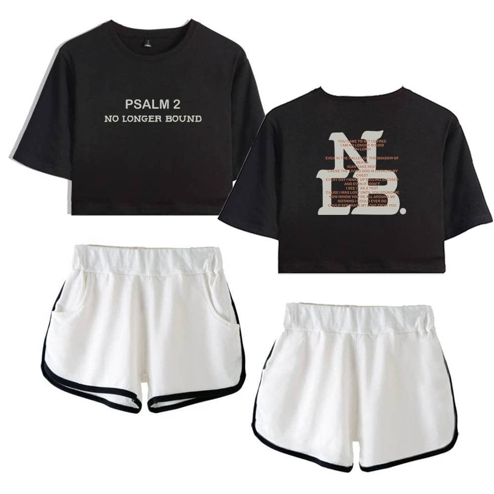 PSALM 2 NO LONGER BOUND cropped black t-shirt with white text, stylish black and white athletic shorts, matching casual Justin Bieber-inspired swag merch ensemble for a trendy look, perfect for fans.