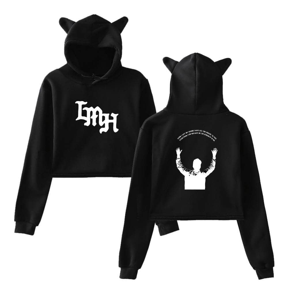 Black Justin Bieber swag hoodie with animal ear hood design and bold graphic prints.