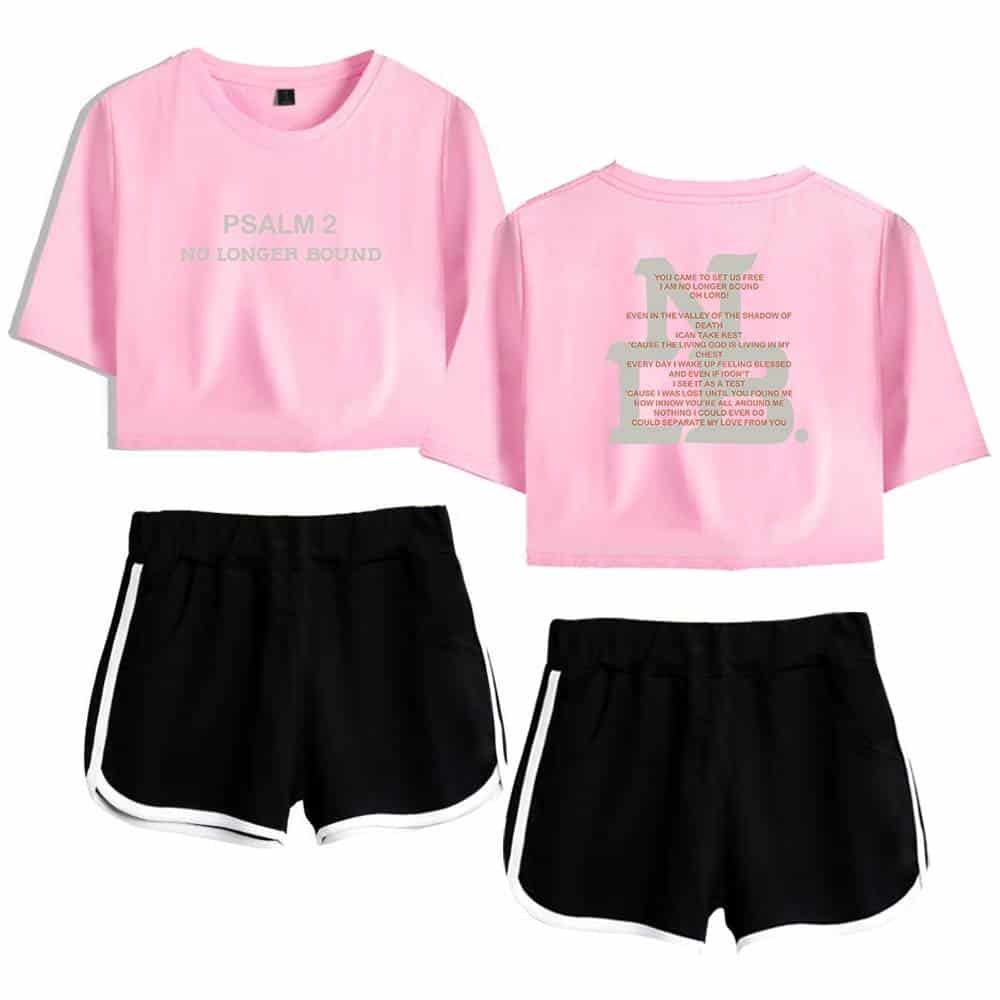 Pink "Psalm 2" graphic t-shirt and black athletic shorts with white trim, inspired by Justin Bieber swag merch, perfect for casual or workout wear.