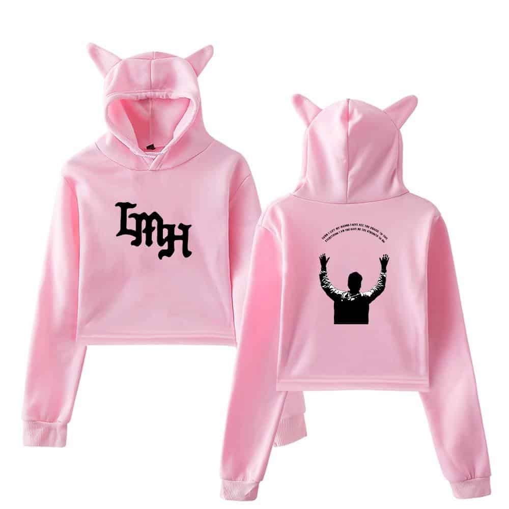 Yeezy pink hoodie with cat ears and swag graphic design.