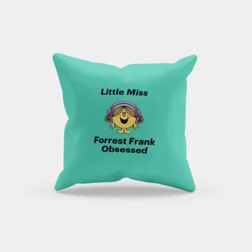 Soft teal pillow featuring a cartoon character with headphones, and text reading "Little Miss Forrest Frank Obsessed," inspired by popular Swag Merch designs.