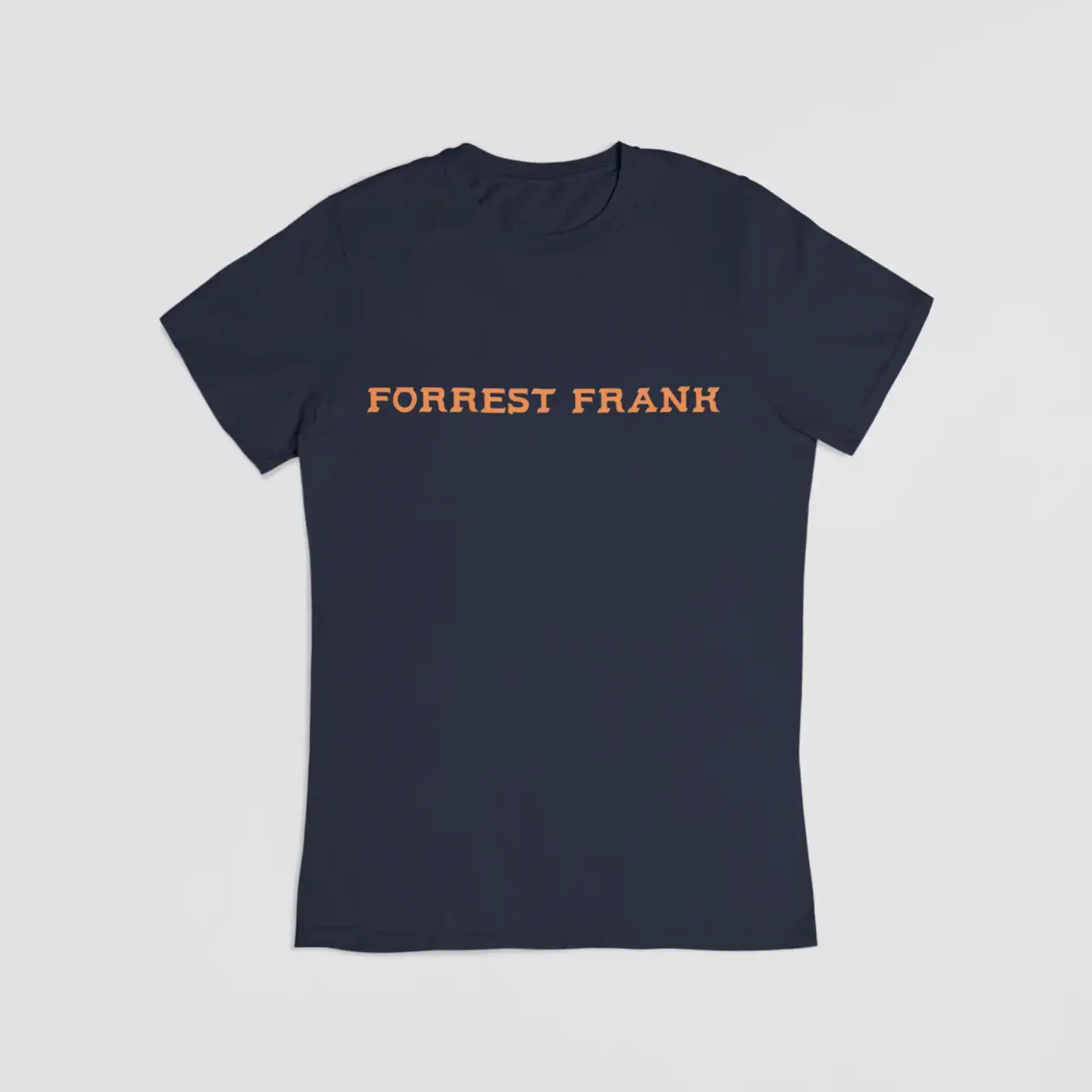 Justin Bieber swag merch t-shirt with "Forrest Frank" printed on the front in bold orange letters. Perfect for fans looking to showcase their style and support their favorite artist with trendy streetwear.
