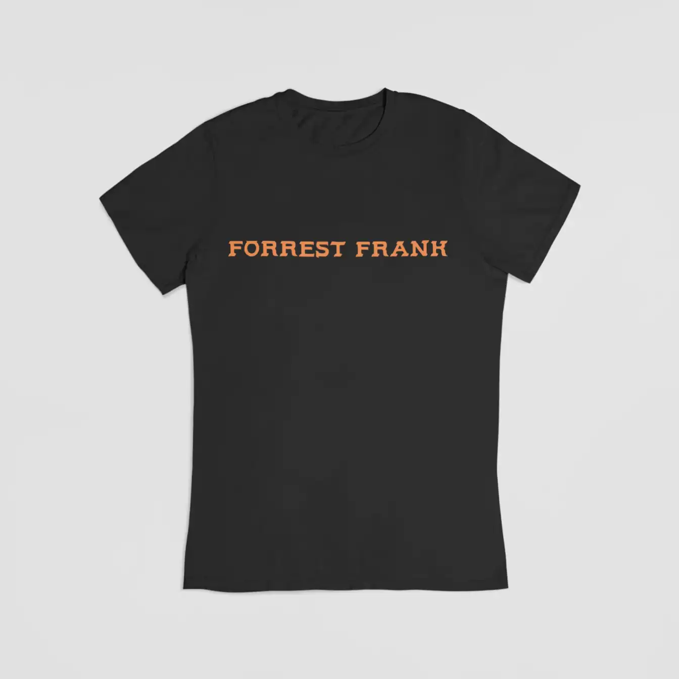 Black T-shirt with "Forrest Frank" printed in orange text across the front, in a casual style perfect for everyday wear and expressing celebrity-inspired swag.